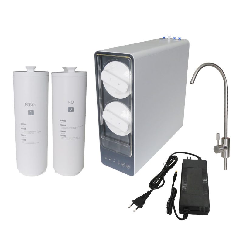 EQUIPO DE OSMOSIS INVERSA COMPACTO, CON GABINETE, 800 GPD, 4 ETAPAS DE FILTRACION, PP+CARBON+MEMBRANA RO+POSTCARBON, 100-240 VAC, 50/60 HZ, MODELO RO-UX6
