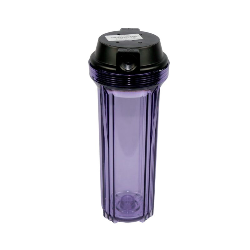 PORTAFILTRO 2.5" X 10", POLIMERO (SAN), CONEXION 1/2" NPT, TRANSPARENTE, SIN PURGA, MAXIMA PRESION 75 PSI, HF2
