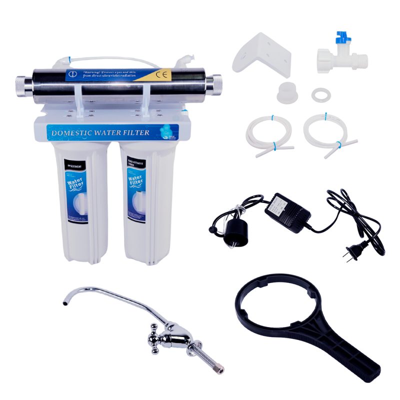 FILTRO DE AGUA CON PORTAFILTROS, DOBLE CON UV, FILTRO SEDIMENTOS + CARBON ACTIVADO, 2.5" X 10" / 5 MICRAS, UV 2 GPM, 1/2" FNPT INGRESO/SALIDA, INCLUYE CAÑO Y ACCESORIOS
