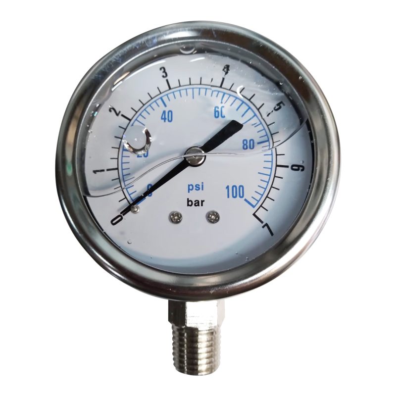 MANOMETRO, RANGO: 0 A 100 PSI, SS, CON GLICERINA, DIAL 2.5", CONEXION VERTICAL 1/4" NPT